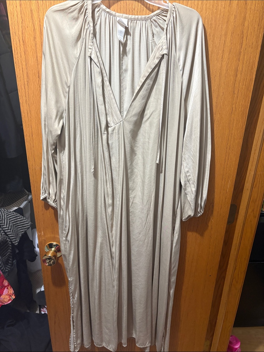 H&M Long Sleeve V-Neck Maxi Dress in Light Taupe